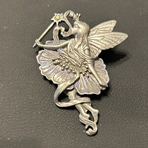 Vintage JJ Fairy Brooch Pin - Iridescent Detail Silver-tone pewter